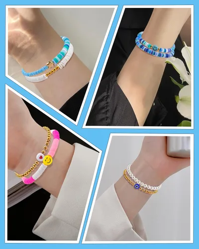Miniatura 6 de Abitoncc Preppy Heishi - Juego de pulseras de surfista para niñas adolescentes, bonitos aretes estéticos, anillos estéticos preppy coloridos de oro
