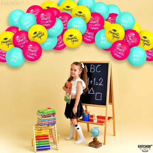 Miniatura 6 de KatchOn, Juego de globos de graduación azules, amarillos y rosados, 12 pulgadas, paquete de 75 Globos de graduación de felicitaciones, globo Yay