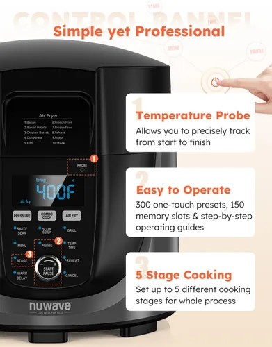 Miniatura 8 de Nuwave Duet Olla a Presión Eléctrica y Freidora de Aire Combo, 450 EN 1 Olla de Cocción Lenta y Parrilla con Sonda de Temperatura Digital Integrada