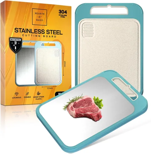 Tabla de cortar no plástica para cocina, 14 x 11 pulgadas, placa de trigo de doble cara de acero inoxidable, resistente a los arañazos, ranura para