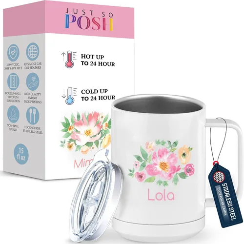 Miniatura 19 de Just So Posh Abuela Flowers - Vaso de café con asa y tapa deslizante, color blanco de 15 onzas, color camello polar, acero inoxidable, aislado al