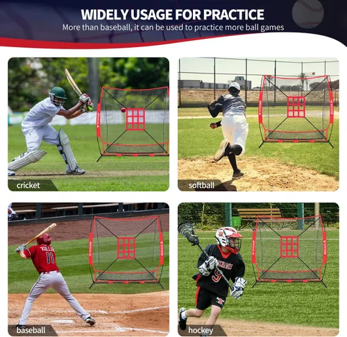 Miniatura 7 de BAGAIL Red de práctica de béisbol y sóftbol de 7 x 7 pies con marco de arco para bateo, golpeo, lanzamiento, equipo de entrenamiento de respaldo Rojo