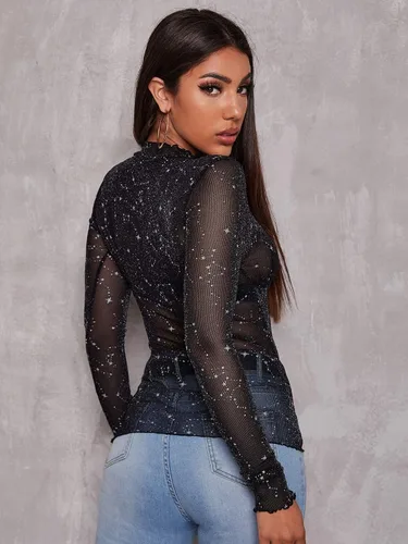 Miniatura 2 de Floerns - Blusas de malla transparente con estrellas de manga larga con cuello alto para mujer