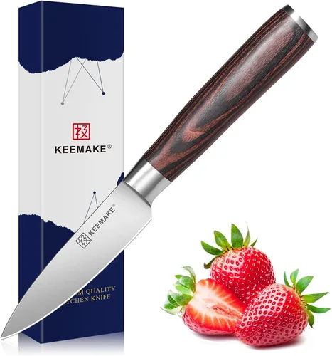 KEEMAKE - Cuchillo de pelar de 3.5 pulgadas, cuchillo de fruta con hoja de acero inoxidable alemán de alto carbono, mango de Pakkawood, cuchillo de