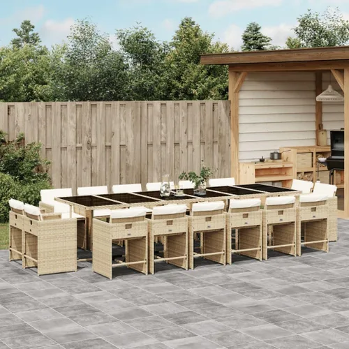 Miniatura 38 de 17-Piece Brown Poly Rattan Patio Dining Set with Cream White Cushions, Foldable Chairs and Tempered Glass Table for Outdoor Garden Backyard Patio