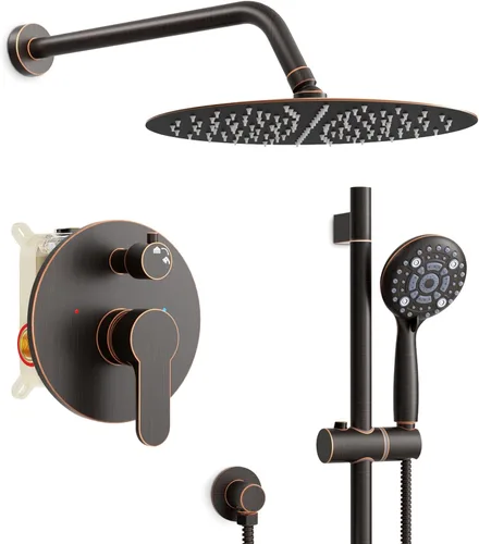 Miniatura 16 de SR SUN RISE Juego de grifo de ducha negro mate - Cabezal de ducha de lluvia de 10 pulgadas con barra deslizante ajustable, juego de combinación