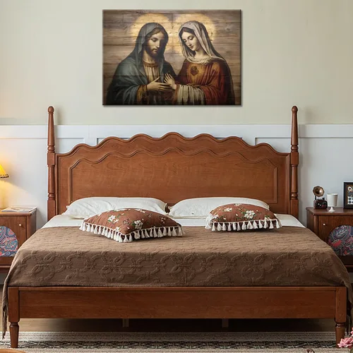 Miniatura 3 de GLOKAKA Arte de pared de Jesús y la Virgen María, cuadros de Jesucristo y Virgen María sobre fondo de madera, pintura de escritura religiosa Obra