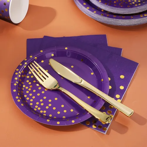 Miniatura 6 de 175 piezas de decoraciones de fiesta moradas y doradas, juegos de platos, tazas y servilletas moradas, platos desechables dorados para suministros