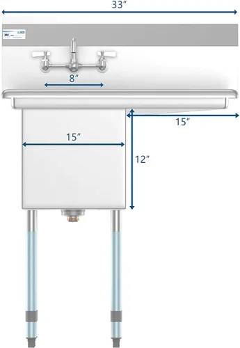 Miniatura 8 de KoolMore SA151512-15R3FA - Fregadero de cocina comercial NSF de acero inoxidable con 1 escurridor derecho, patas cruzadas y grifo, tamaño del tazón