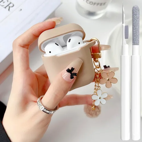 Miniatura 29 de Bonita funda negra para Airpods de 2ª/1ª generación para niñas y mujeres, con llavero de pompón de flores y kit de limpieza, funda protectora tipo