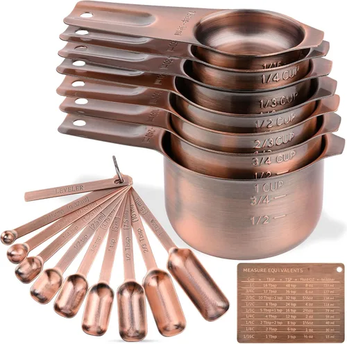 Juego de tazas y cucharas medidoras de cobre, juego de tazas y cucharas medidoras de acero inoxidable, taza métrica y estadounidense 7 medida y 9