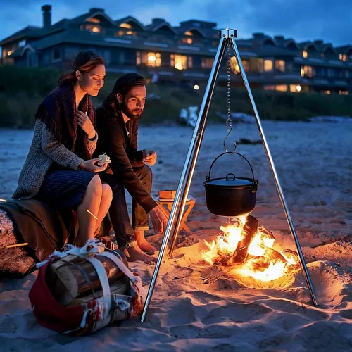 Miniatura 7 de Parrilla Trípode para Fogata para Cocinar, Parrilla Trípode de Fuego para Acampar de Acero Inoxidable Duradera con Rejilla de Parrilla y Bolsa