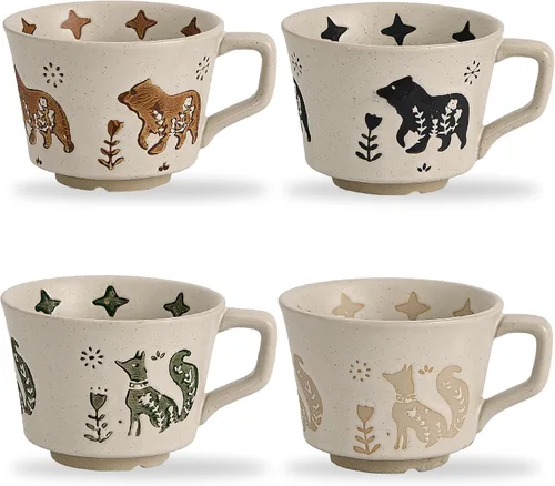 Miniatura 9 de Juego de 4 tazas de café de cerámica vintage de 12 onzas - Hechas a mano de gres cerámico de campo, estilo granja, para té de otoño con gran asa