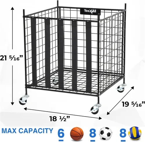 Miniatura 8 de YES4ALL Carrito de almacenamiento de bolas rodantes con ruedas bloqueables, soporte de baloncesto de voleibol, cubo de pelotas de juguete, jaula