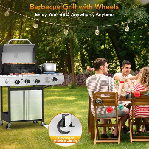 Miniatura 8 de Barbacoa de 3 quemadores de gas propano con quemador lateral, parrilla de barbacoa de acero inoxidable con rejillas de hierro fundido esmaltadas