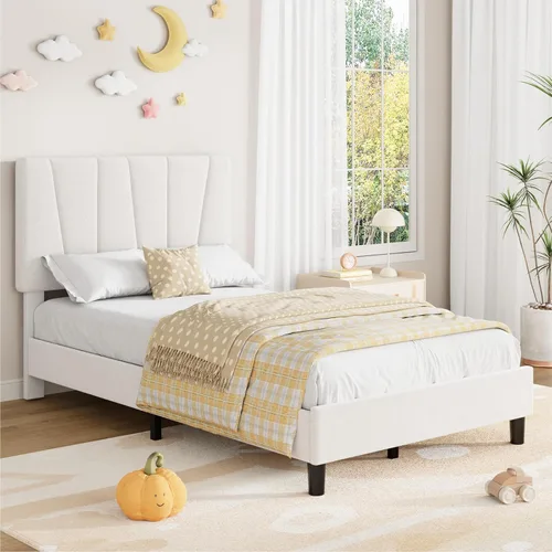 Miniatura 12 de Garvee Base de cama de tamaño individual con cabecera ajustable, base de cama tapizada de lino con listones de madera fuertes, base de colchón,