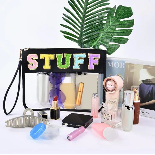 Miniatura 3 de Bolsa transparente con letras de chenilla, bolsa transparente con cremallera para viajes, bolsa de cosméticos transparente de PVC, bolsa portátil