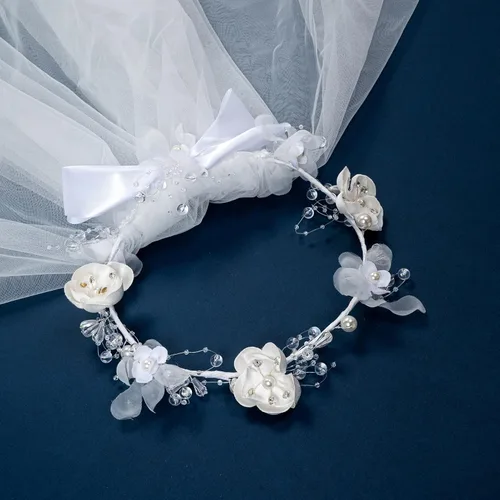 Miniatura 5 de Fleursun Corona de cabeza de niña con velo de primera comunión con velo blanco floral