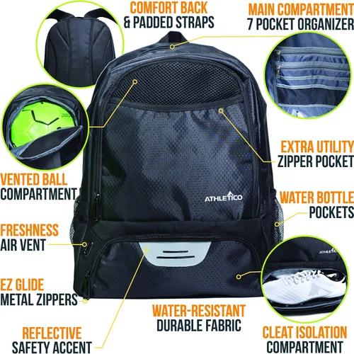 Miniatura 2 de Athletico - Mochila de fútbol juvenil, mochilas para baloncesto, voleibol y fútbol americano Incluye compartimentos separados para tacos y pelota