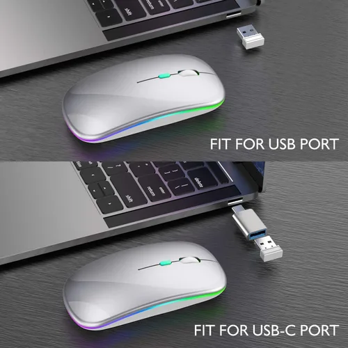 Miniatura 6 de Mouse inalámbrico Bluetooth para MacBook Air/Mac/Pro/portátil/computadora/PC, interruptor de modo dual recargable, mouse Bluetooth 5.2/3.0 y plateado