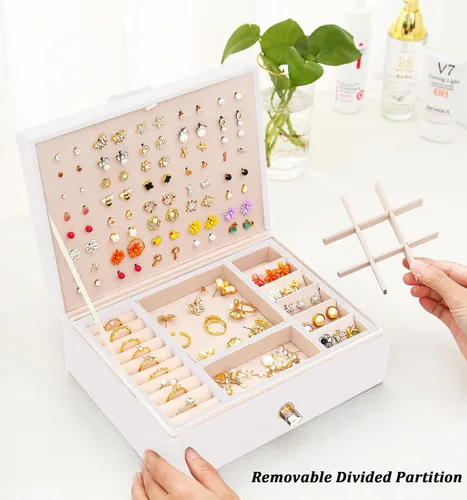 Miniatura 14 de Joyero de pendientes para mujeres y niñas, organizador de aretes de 5 capas, caja organizadora de joyas blanca con candado, collares y aretes