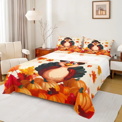 Miniatura 17 de Erosebridal Lindo juego de sábanas de pavo tamaño individual para niños y niñas, juego de sábanas de cosecha de Acción de Gracias, decoración