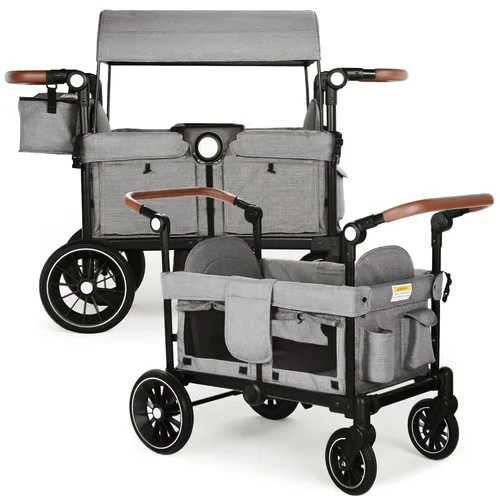 TODEFULL Cochecito Wagon para 2 niños, carrito plegable para niños con arneses, mango doble ajustable de empuje, toldo extraíble, bandeja para Gris