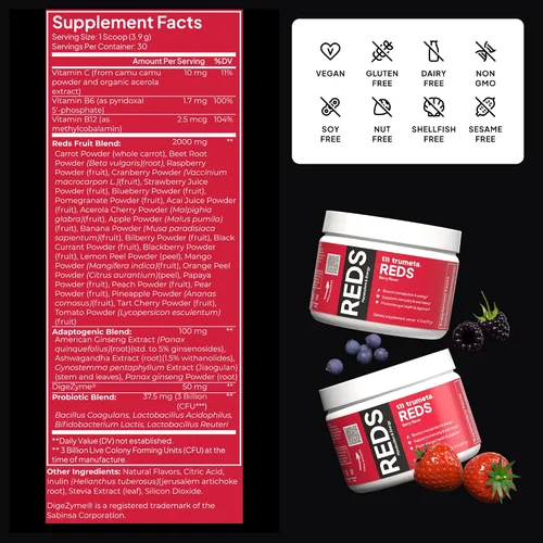 Reds - Tarro de polvo para apoyo inmunológico y memoria. I Reds Superfood Powder Antioxidantes Mezcla de polifenoles con bayas de Acai, bayas de