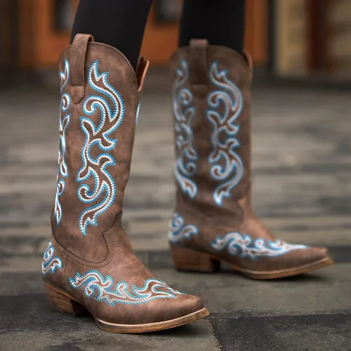 Miniatura 6 de HISEA Rollda - Botas vaqueras occidentales para mujer, botas vaqueras con tacón grueso, botas de media pantorrilla para mujer