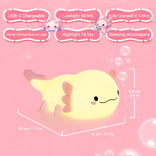 Miniatura 7 de Axolotl Luz de noche, lámpara LED rosa de silicona para niños Control táctil blando, temporizador de 20 minutos, lámpara de noche, soporte