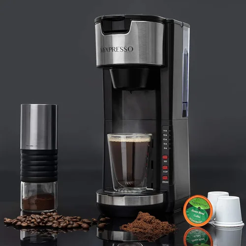 Miniatura 5 de Mixpresso - Cafetera negra para una porción, compatible con cápsulas K-Cup y café molido, cafetera compacta de 30 oz con 5 tamaños de preparación
