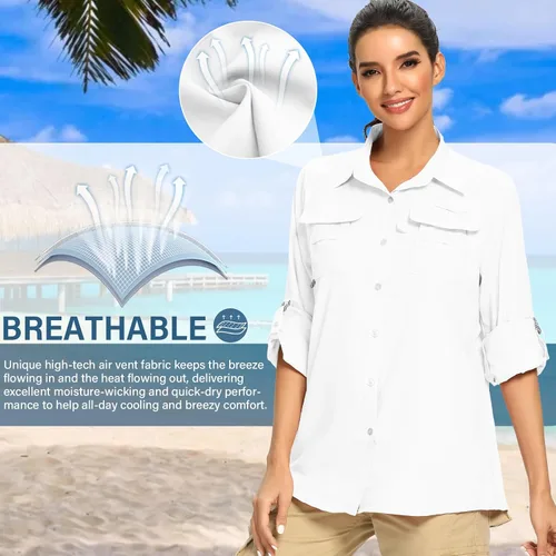 Miniatura 7 de Camisas de manga larga UPF 50 para mujer, protección solar UV, safari, secado rápido, pesca, senderismo, viajes