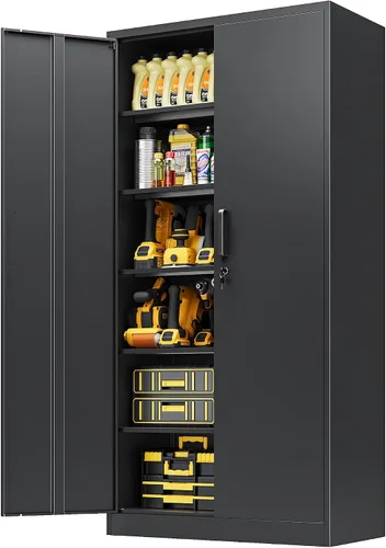 Miniatura 22 de Armario de almacenamiento de metal con 2 puertas y estantes ajustables, armario de metal ancho, gabinete de almacenamiento bajo, gabinete de acento