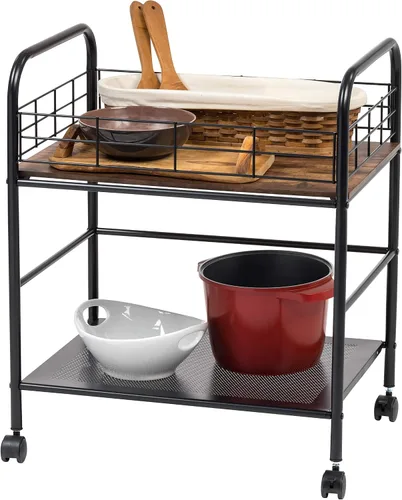 Miniatura 8 de IRIS USA Carrito rodante de almacenamiento de cocina de 2 niveles con ruedas giratorias con cerradura, estación de café, estante de despensa, bar