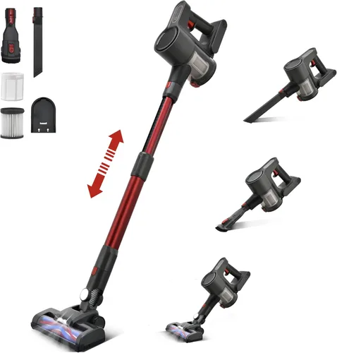 Aspiradora inalámbrica, potente motor sin escobillas, aspiradora ligera 6 en 1, montaje en pared con pantalla LED y luz de mopa de motor para pelo