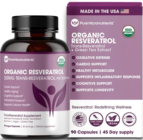 Suplemento orgánico de resveratrol – Cápsulas de trans-resveratrol con té verde – altamente purificado y biodisponible – 90 cápsulas veganas