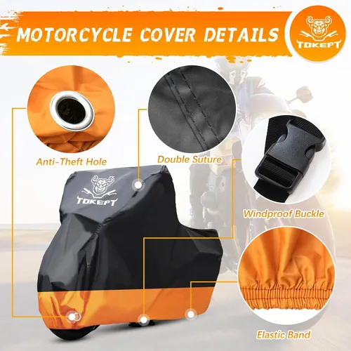Miniatura 3 de Cubierta para motocicleta Tokept, impermeable para todas las estaciones y protección solar al aire libre, tamaño hasta 96 pulgadas