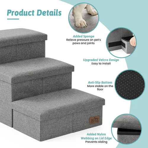 Miniatura 9 de Escaleras para perros con almacenamiento, escalones resistentes de 4 escalones más anchos para perros pequeños, medianos y grandes, rampa para Gris