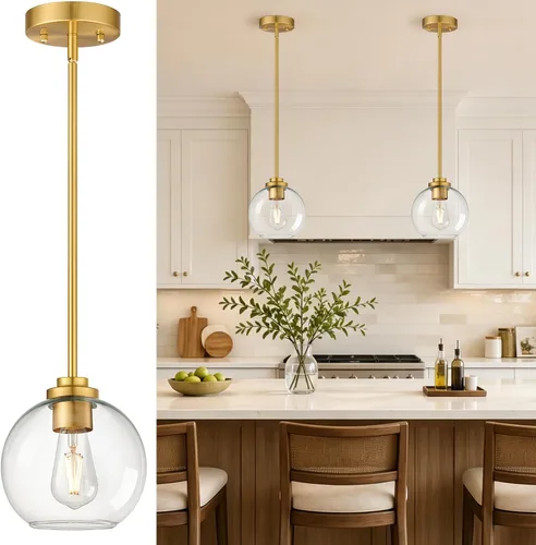 Miniatura 13 de Paquete de 2 luces colgantes de vidrio ajustable de 22 a 50 pulgadas de altura para isla de cocina, luces colgantes de globo dorado cepillado