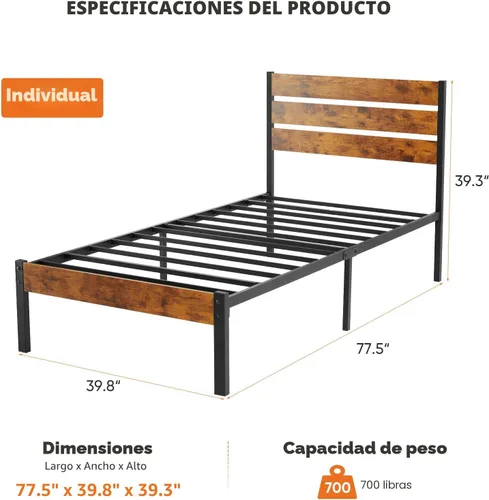 Miniatura 2 de Sweetcrispy Base de cama de plataforma de metal tamaño individual – Base de colchón con cabecera y estribo, no necesita somier, con soporte