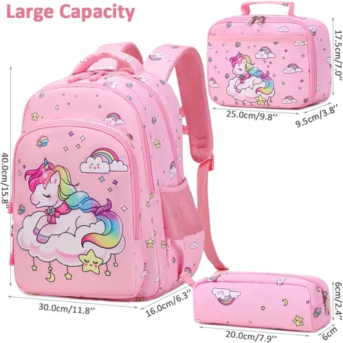 Miniatura 9 de Juego de mochila para niñas y adolescentes, mochila escolar para niños con bolsa para el almuerzo, estuche para lápices, mochilas escolares