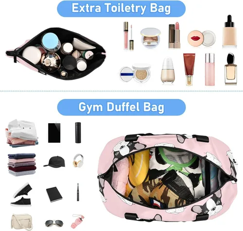 Miniatura 6 de Bolsa de viaje deportiva de bulldog francés para mujeres y hombres, bolsa de gimnasio con compartimento para zapatos, bolsillo húmedo, bolsas