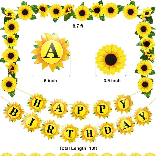 Miniatura 3 de Tenare La decoración de fiesta de cumpleaños de girasol incluye pancarta de girasol, 4 globos de aluminio amarillos, 18 globos de látex, 13 adornos