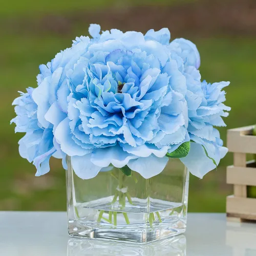 Miniatura 2 de Arreglos florales de peonía de seda en jarrón de cristal con agua sintética para decoración de mesa del hogar, mesa de boda, centro de mesa (azul)