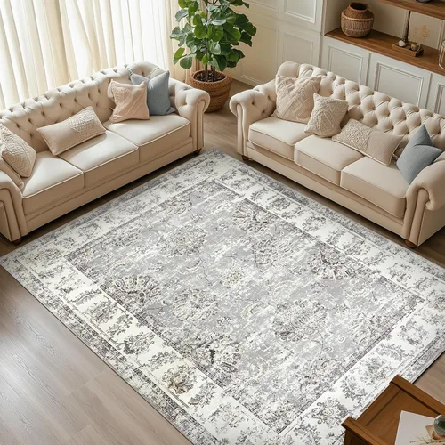 Miniatura 55 de Jinchan Fiora - Alfombra redonda de 8 pies, alfombras vintage con diseño floral envejecido, lavable a máquina, antideslizante, de pelo bajo, Azul