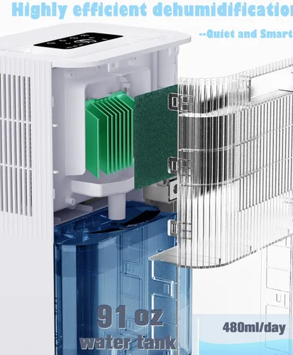 Miniatura 8 de Deshumidificador portátil para el hogar, sótano, baño, dormitorio, tanque de 91 onzas, cobertura de 900 pies cuadrados, diseño inteligente