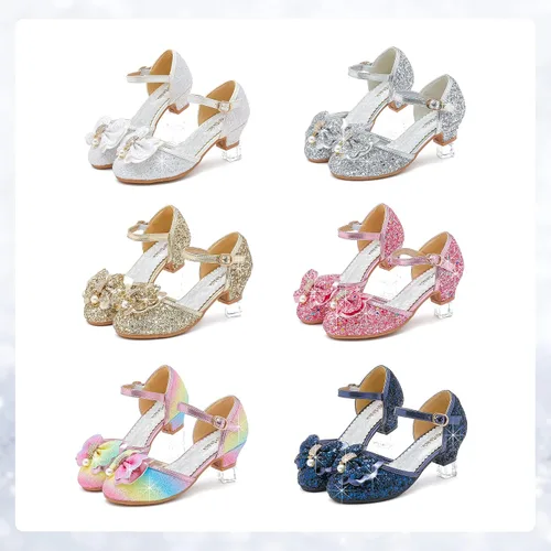 Miniatura 7 de Sandalias para niñas, tacones cerrados, para boda, fiesta, princesa, lazo con lentejuelas para niños pequeños y grandes