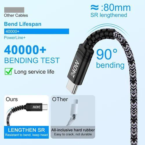 Miniatura 4 de Cable de carga USB C súper rápido para Samsung S26 de 240 W, cable de carga tipo C a tipo C, cable de 6 pies, paquete de 2 para Samsung Galaxy S26
