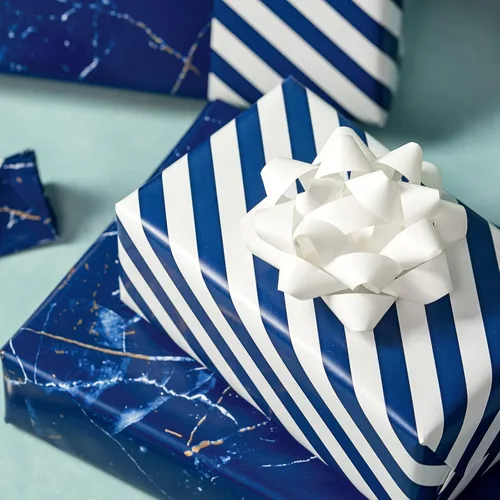 Miniatura 4 de WRAPAHOLIC Papel de regalo reversible, mini rollo, 17 pulgadas x 33 pies, diseño de mármol azul con rayas para cumpleaños, vacaciones, bodas, baby