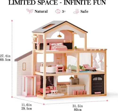 Miniatura 2 de ROBUD Casa de Muñecas, Casa de Muñecas de Madera con 6 Habitaciones, Set de Muebles de 29 Piezas, Ascensor Funcional, Garaje, Piscina, Regalo Ideal